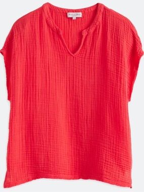 Michael Stars Naomi Flowy Linen Top in Red l Coral-Red Gauze V-Neck